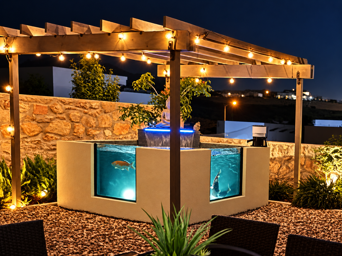 Leo Marin's raised koi pond at night under a pergola with warm string lights, with koi visible through two illuminated viewing windows in El Paso, Texas