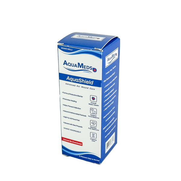 AquaMeds AquaShield Advanced Koi Wood Care box, featuring a blue and white packaging design with product details and icons on a white background.