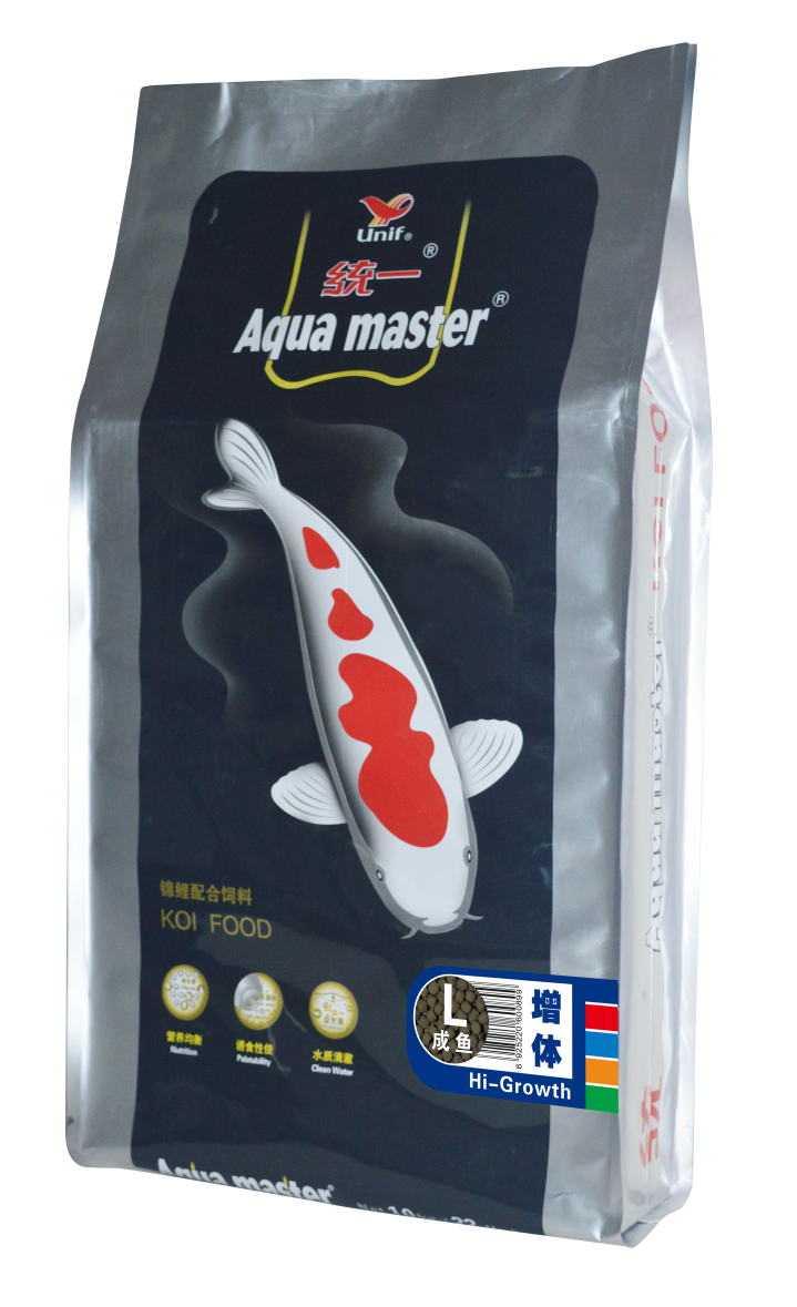 A bag of Hi- Growth Aqua Master Koi Food, featuring a black label with a red and white koi fish illustration, on a white background.