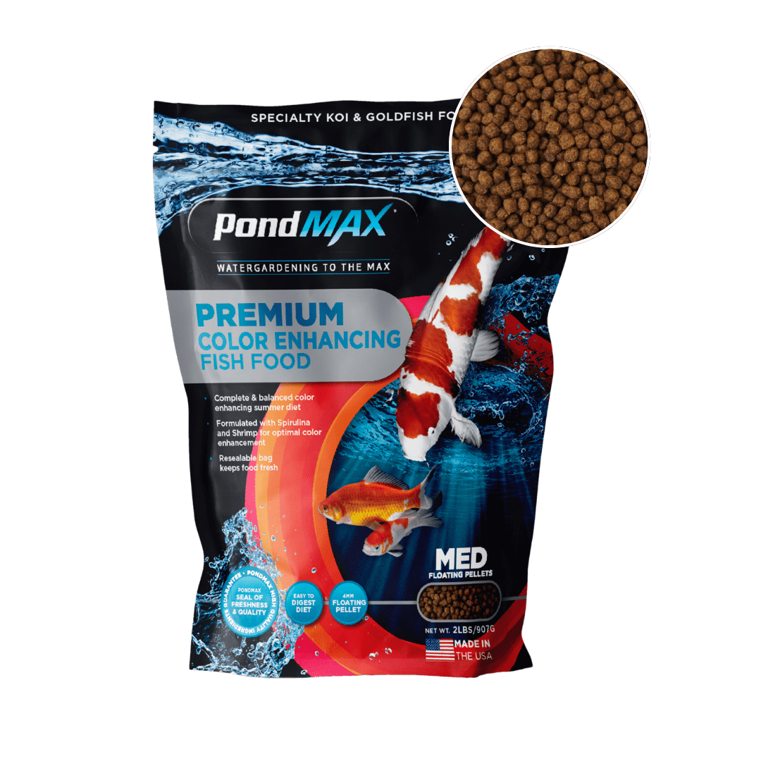 PondMAX Premium Color Enhancing Fish Food 2 lb bag, current packaging, with a close-up of the 4mm floating pellets