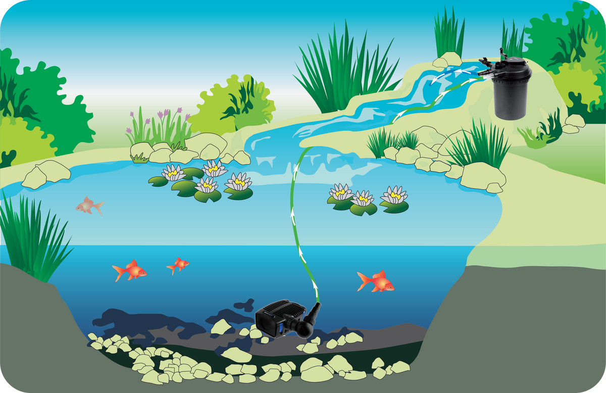 Illustration of a PondMAX Ultra Series pressure filter installed beside a pond: pump on the pond floor, hose to the filter, filtered water returning over a stream
