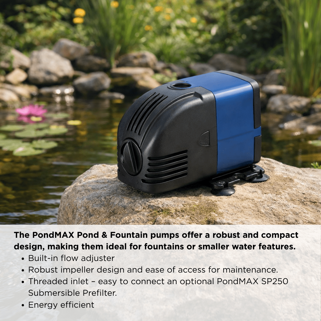 PondMAX PV Series pond and fountain pump on a pondside rock, with notes on its built-in flow adjuster and threaded inlet for the SP250 pre-filter