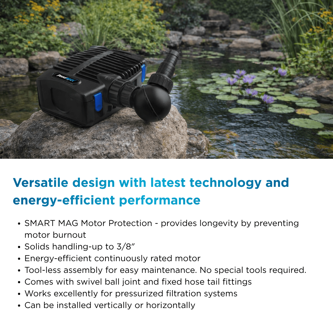 PondMAX EP Series pump with swivel ball joint fitted, on a rock beside a lily pond, with its feature list printed below