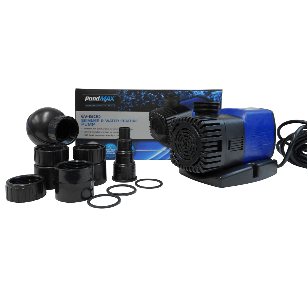 PondMAX EV Series pump beside its retail box with threaded adapters, stepped fittings and a swivel ball joint (included fittings vary by model)