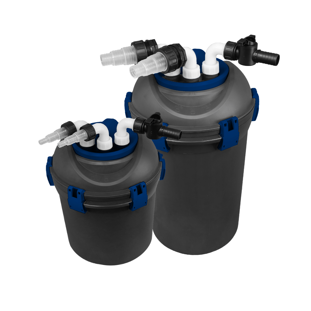 PondMAX Euro Series PF1000 and PF2000 pressure filters side by side, showing the blue lid clips, white elbows and stepped hose tails
