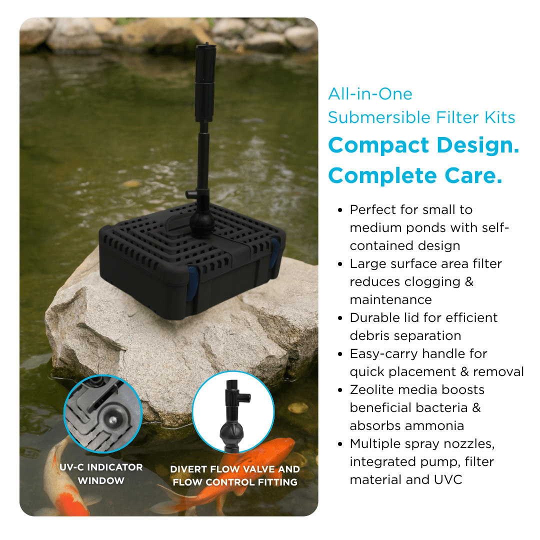 PondMAX SF All-in-One Filter with fountain riser, staged on a rock above the waterline beside koi, with close-up views of the UV-C indicator window and the diverter flow valve
