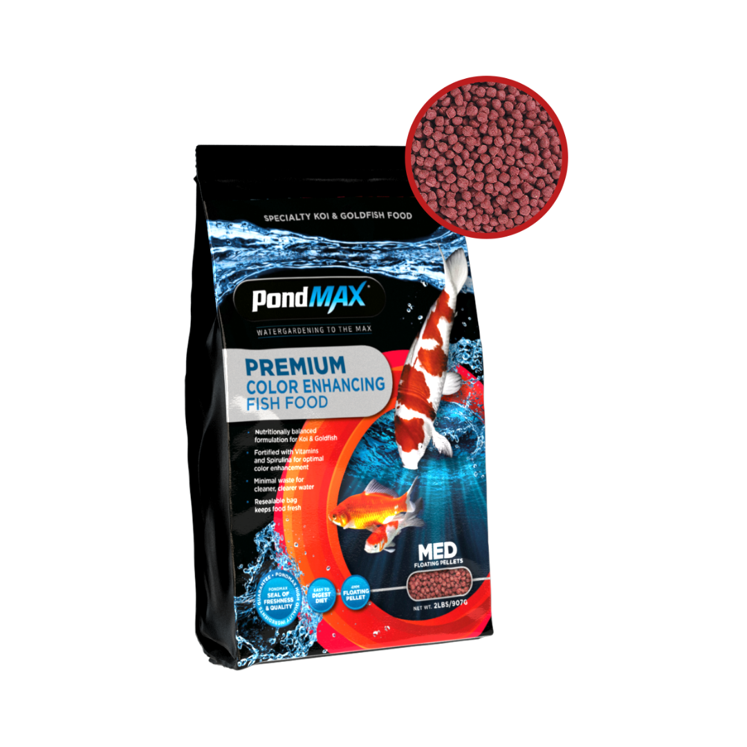 Pond Max premium color enhancing fish food packaging with a close-up of the pellets.