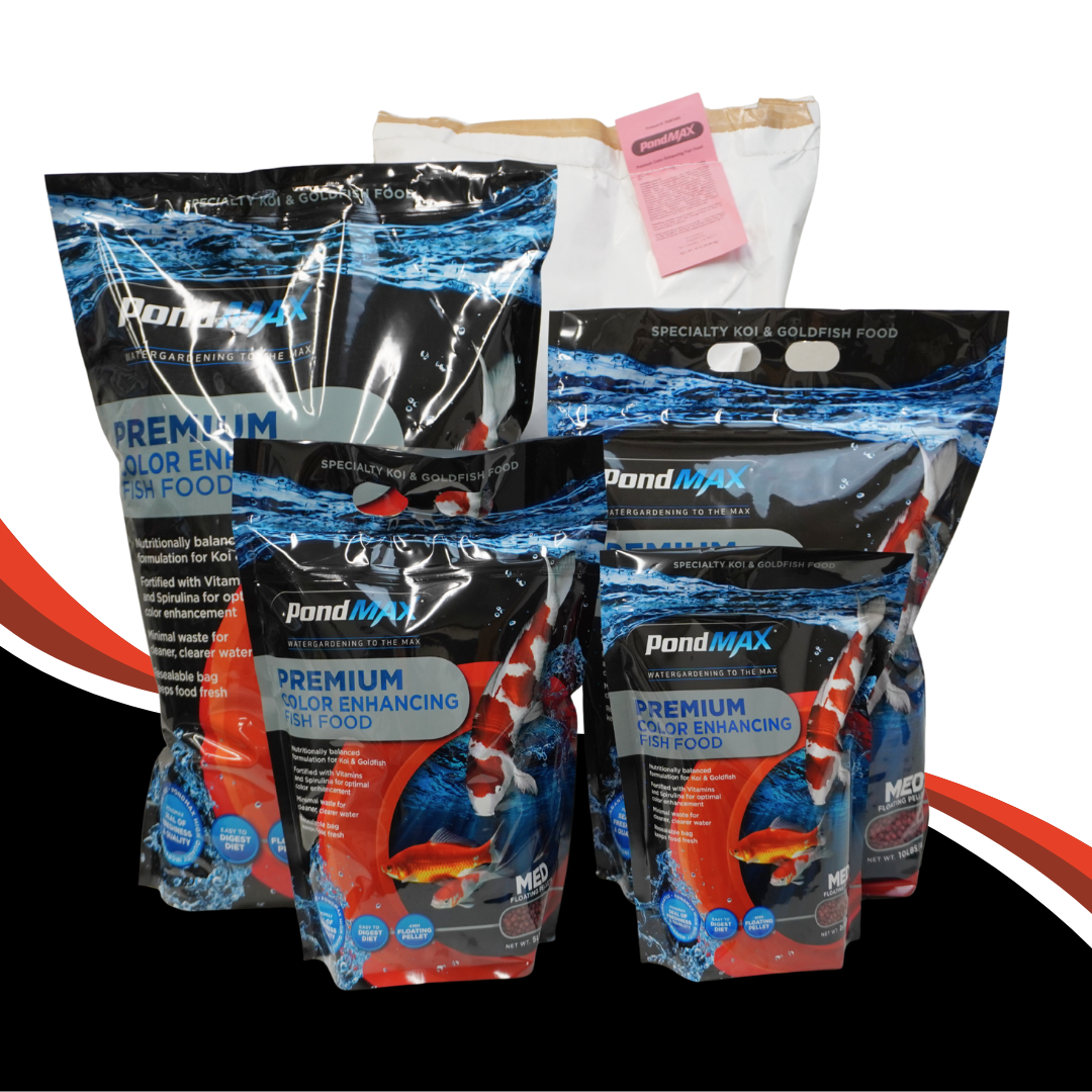 PondMAX premium color enhancing fish food packages on a black background