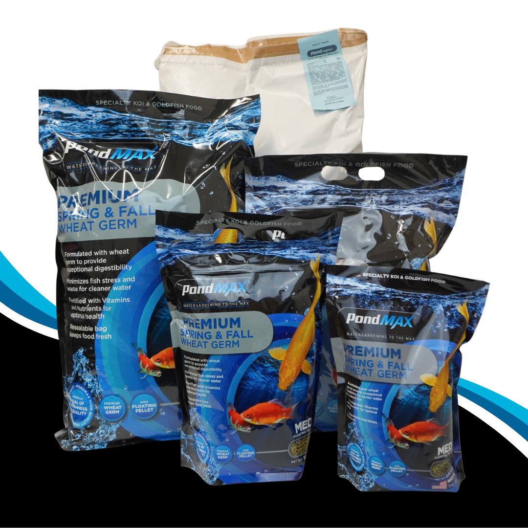 PondMAX premium spring and fall wheat germ packages on a white background