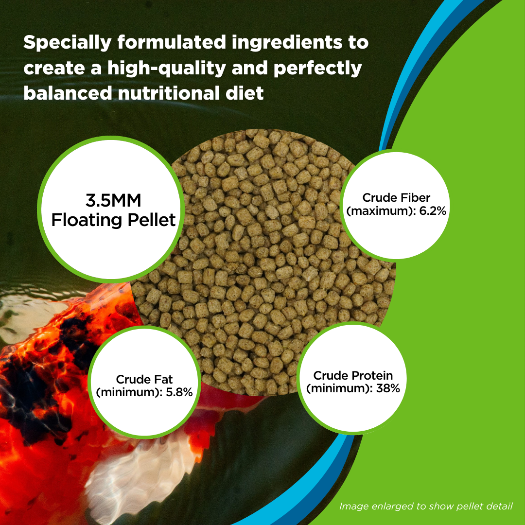 Fish food pellets with nutritional information displayed on a green background