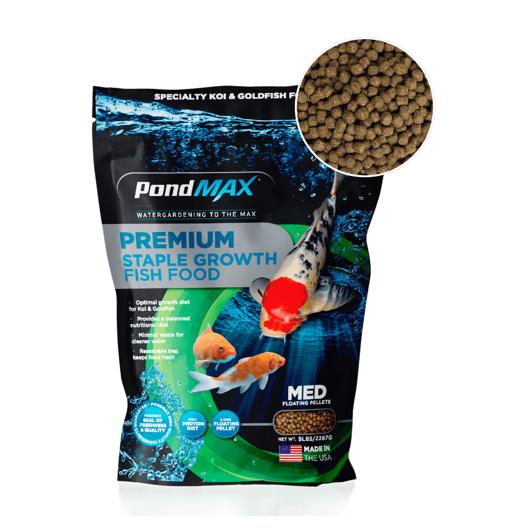PondMAX Premium Staple Growth Fish Food 5 lb bag, current packaging, with a close-up of the 3.5mm floating pellets
