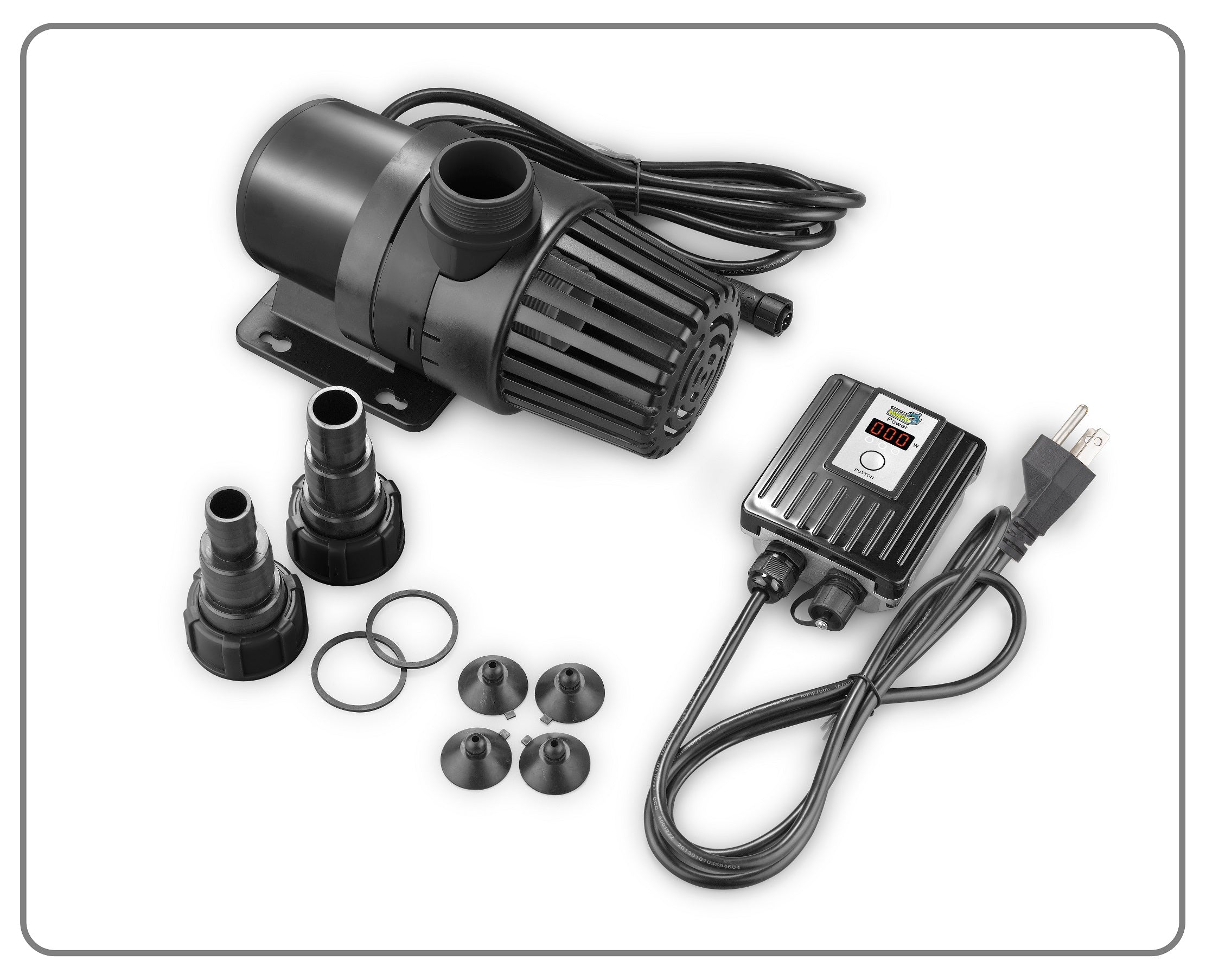 Black automatic fish pond pump kit with a digital temperature controller, two adapter nozzles, O-rings, and mounting feet, shown on a white background with a gray border.