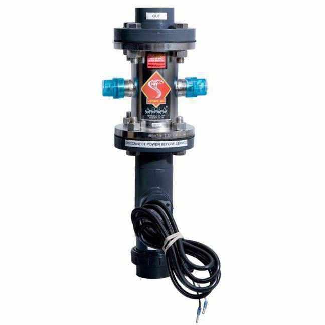 Aqua Ultraviolet Viper 400 W stainless steel UV sterilizer with the flow switch attached below it