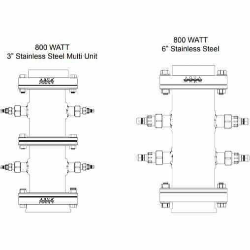 Aqua UV line drawing of the Viper 800 W 3 inch stainless steel multi unit and the 6 inch stainless steel unit