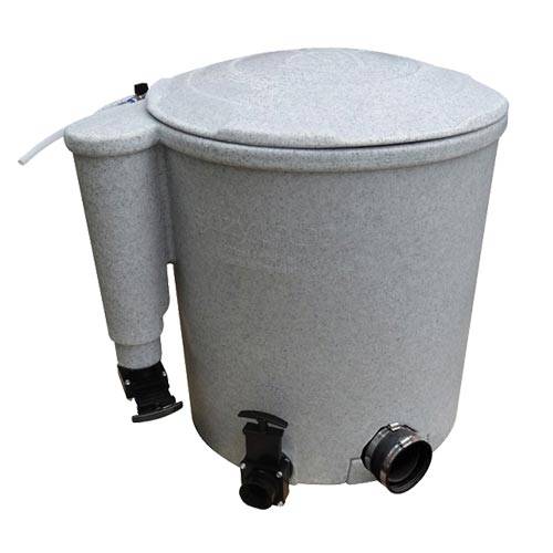 A durable, heavy-duty gray plastic filtration barrel with a secure fitted lid, side outlet pipe, and convenient front connection valves. Its rugged textured design and practical fittings make it a dependable, easy-to-use solution for efficient pond filtration.