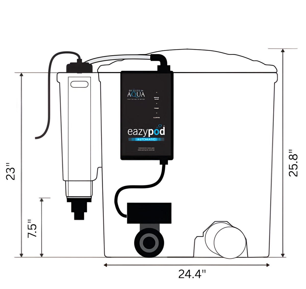 Technical dimension diagram of an evolution aqua eazypod auto filter system showing measurements of 25.8 inches height, 24.