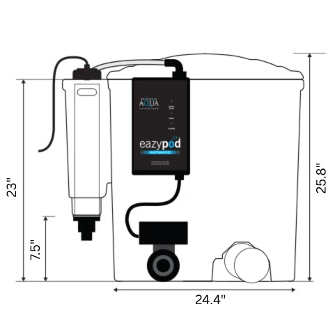 Technical dimension diagram of an evolution aqua eazypod auto filter system showing measurements of 25.8 inches height, 24.