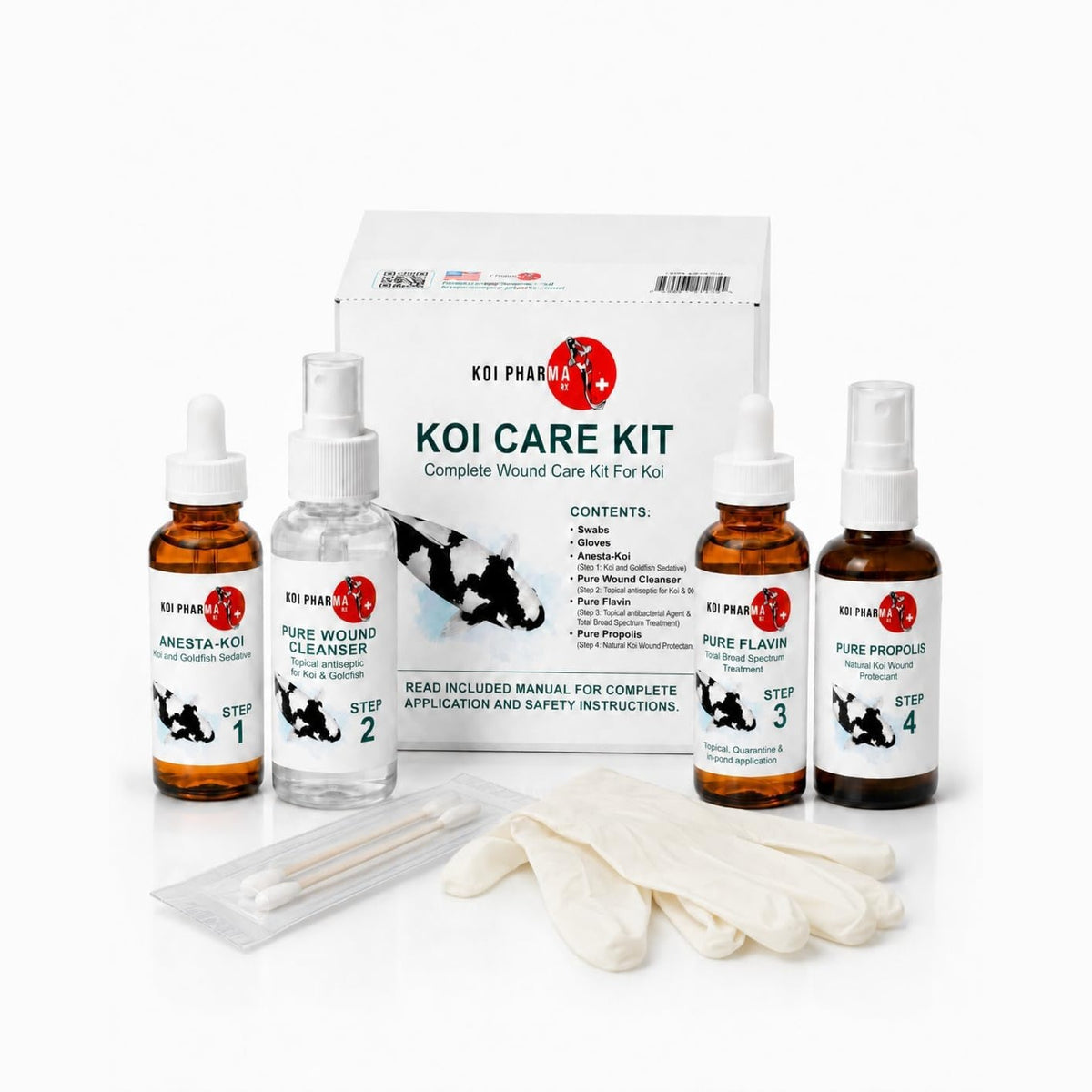 Koi Pharma Koi Care Kit with Anesta-Koi, Pure Wound Cleanser, Pure Flavin, Pure Propolis, swabs and gloves