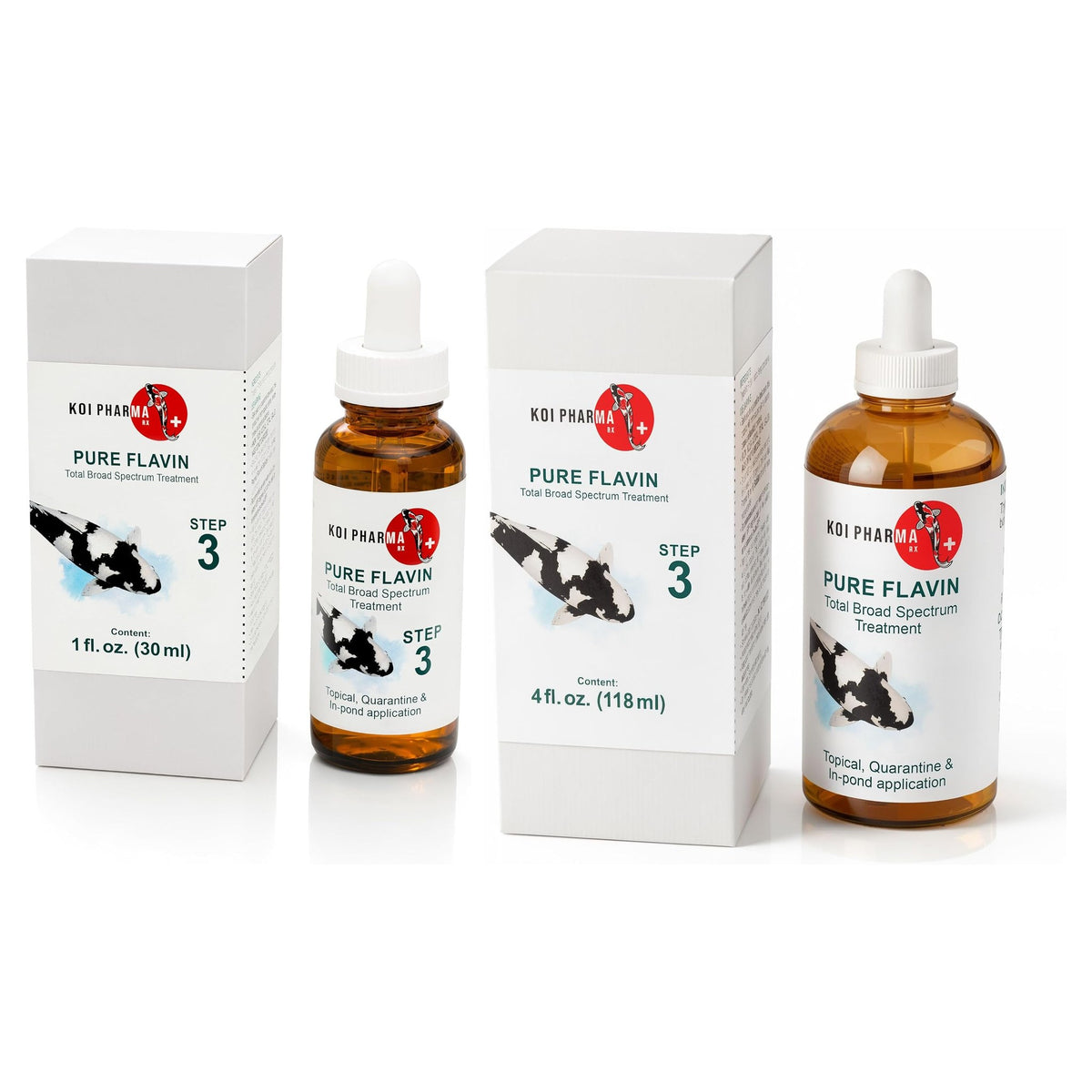 Koi Pharma Pure Flavin family shot, 1 fl oz and 4 fl oz dropper bottles with boxes