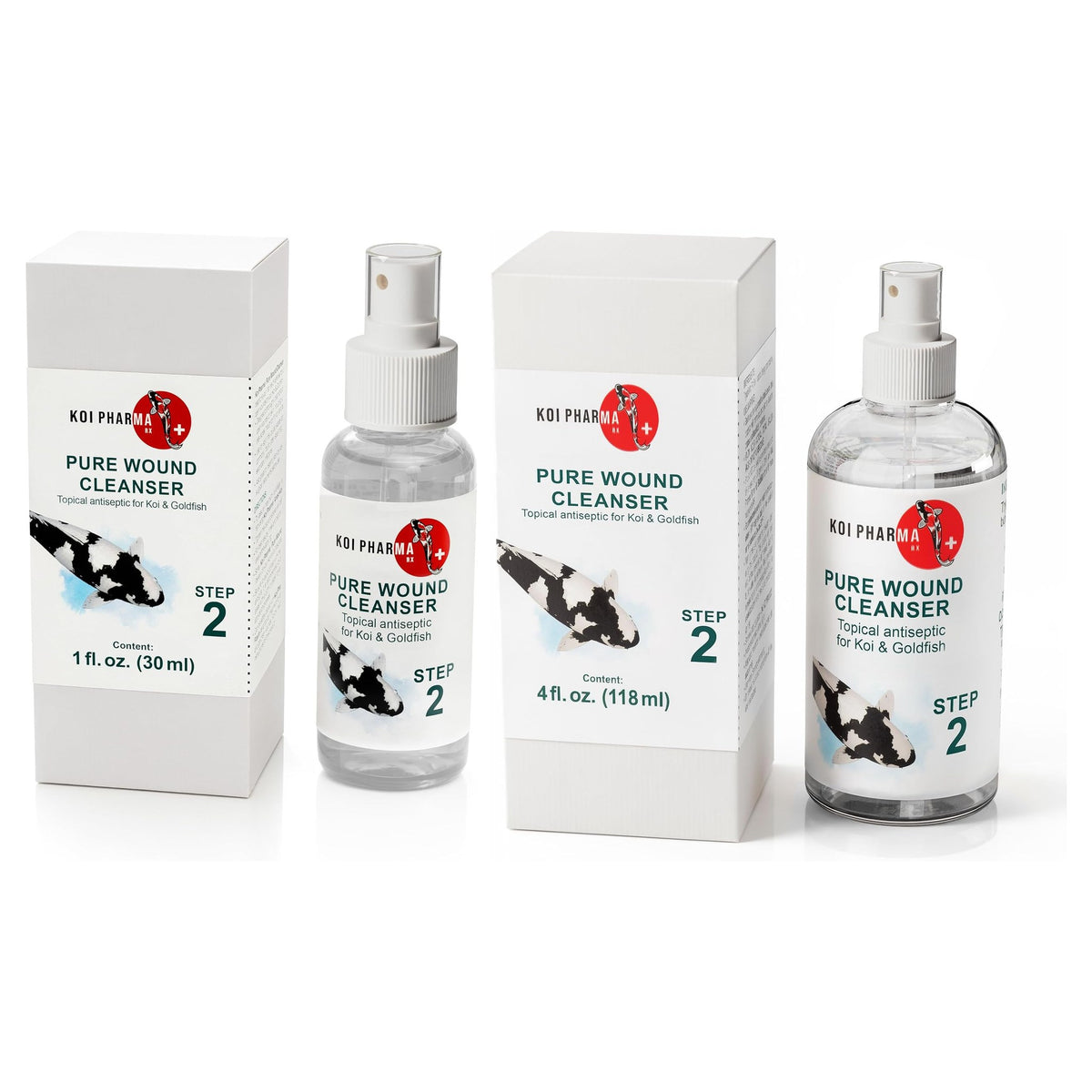 Koi Pharma Pure Wound Cleanser family shot, 1 fl oz and 4 fl oz spray bottles with boxes