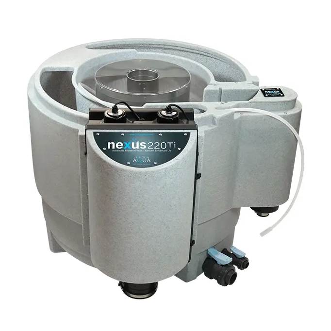 The Evolution Aqua Nexus 220Ti is an advanced all-in-one pond filtration system that combines mechanical filtration, biological filtration, and integrated Titanium-Enhanced UV clarification in a single compact unit.