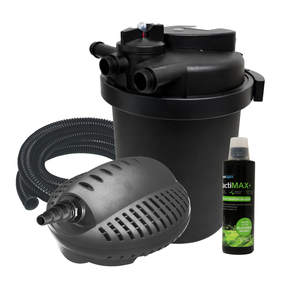 PondMAX Ultra Series Clear Water Pump and Filter Kit with pressurized UV filter, oval vortex pump, coiled non-kink hose and a bottle of BactiMAX+ bacteria