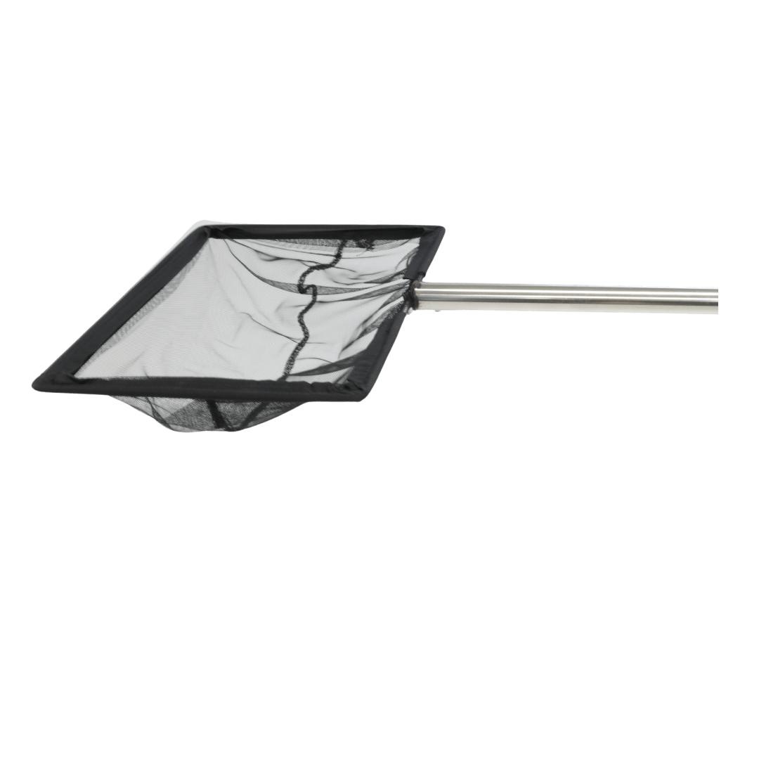 PondMAX Small Stainless Steel Skimming Net (27PN022) at a raised side angle, rectangular frame with shallow mesh and stainless handle