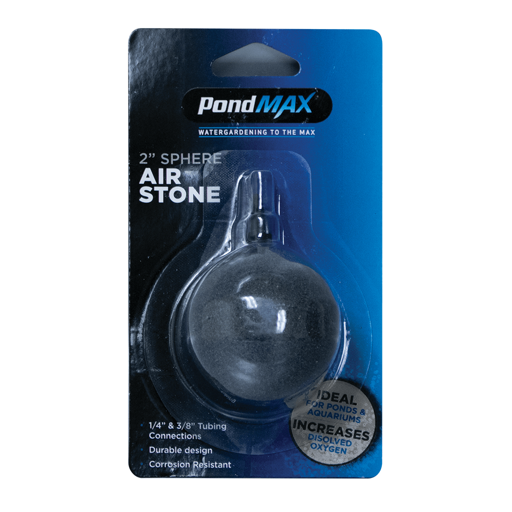 PondMAX 2-inch sphere air stone (28PA094) in its retail pack, listing 1/4 and 3/8 inch tubing connections