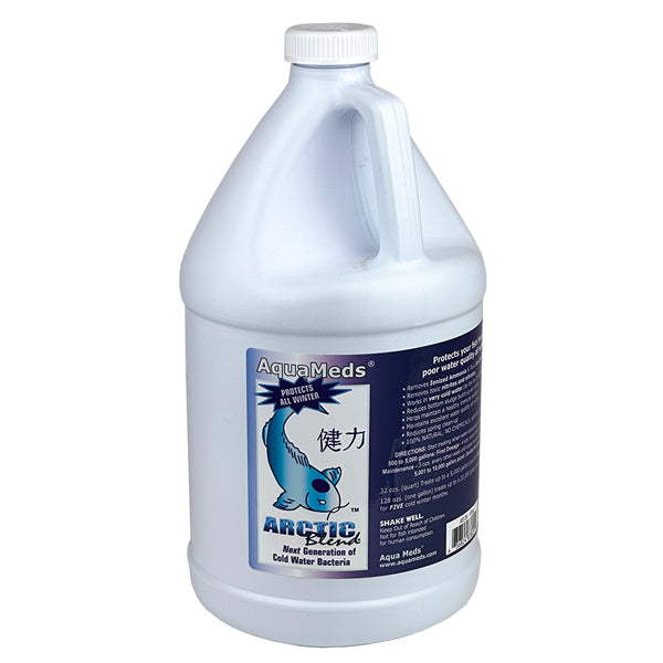 A one-gallon plastic jug of AquaMeds Arctic Life cold water bacteria treatment, featuring a white cap and handle with a blue and white label.