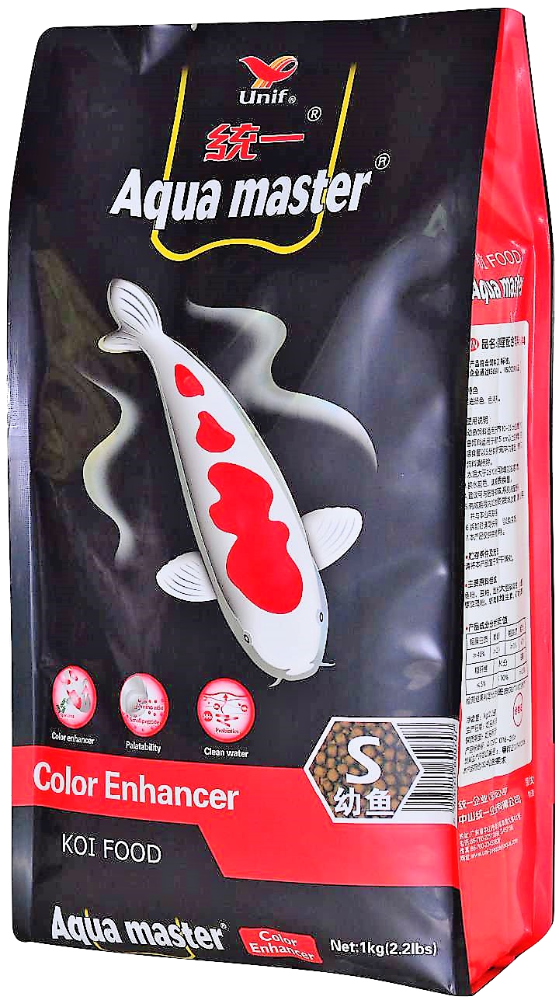 A 2kg bag of Unif Aqua master Color Enhancer Koi Food for young fish, featuring a black and red packaging design with a koi fish illustration.