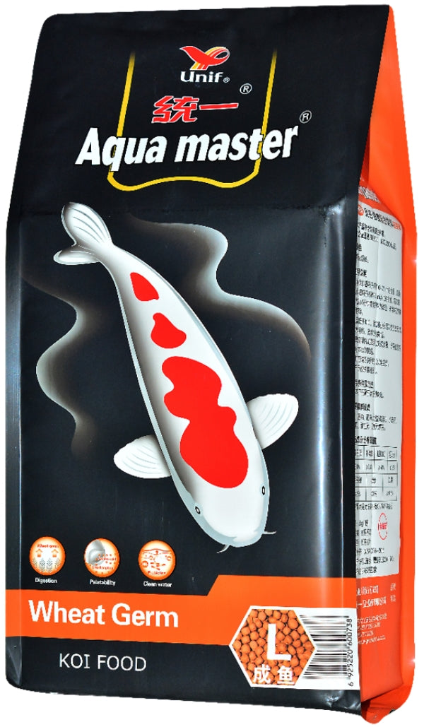 A bag of Unif. Aqua master Koi Food in Wheat Germ flavor, featuring a black and orange packaging design with a koi fish illustration.
