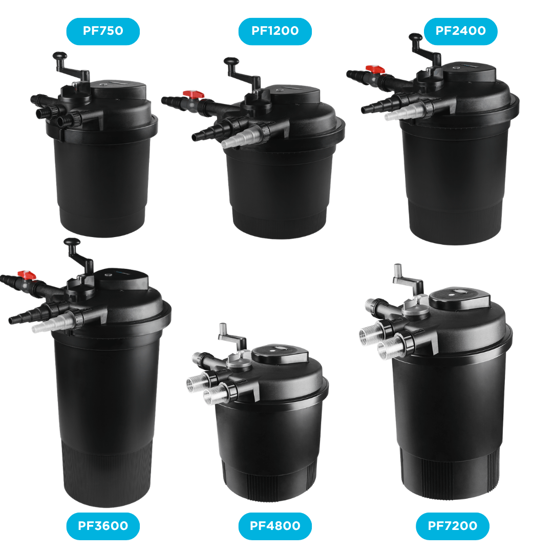 PondMAX Ultra Series pressure filter lineup labelled PF750, PF1200, PF2400, PF3600, PF4800 and PF7200