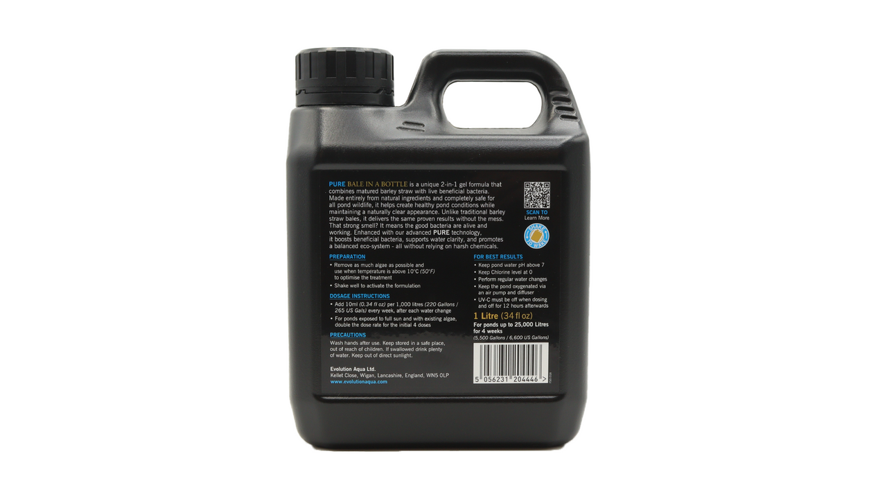 Evolution Aqua Pure Bale in a Bottle 1 Liter back label - Play It Koi