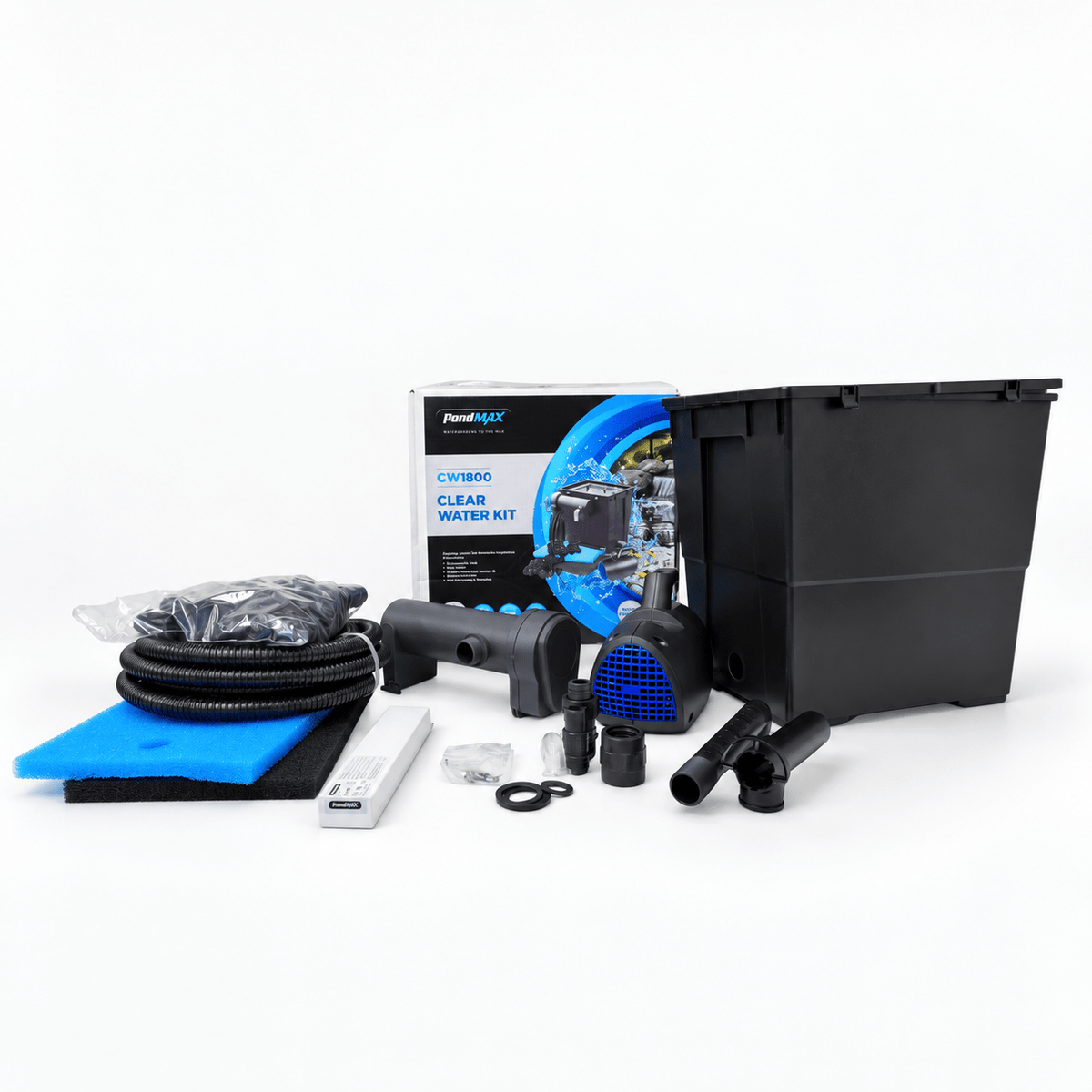 PondMAX CW1800 Clear Water Kit unboxed: filter tank, retail box, FP550 pump, UVC9W clarifier, kink-free hose, sponges, Bio-Sphere media and fittings