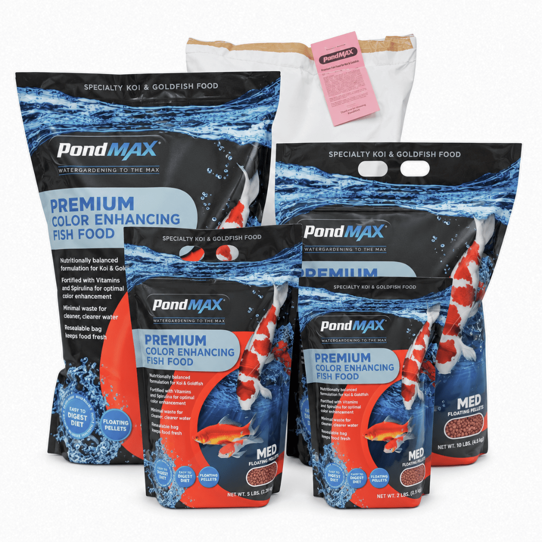 PondMAX Premium Color Enhancing Fish Food bag sizes lined up on white, from the small pouches to the large bulk sack