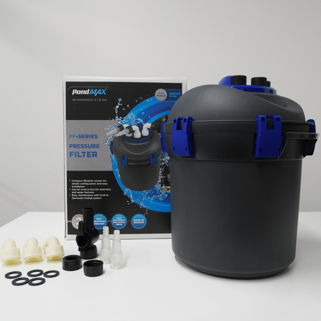 PondMAX Euro Series PF1000 pressure filter with its retail box, elbows, ball valve, stepped hose tails, union nuts and gaskets