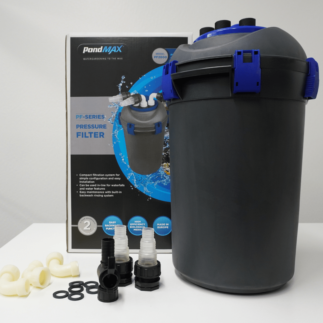 PondMAX Euro Series PF2000 pressure filter with its retail box, elbows, ball valve, stepped hose tails, union nuts and gaskets