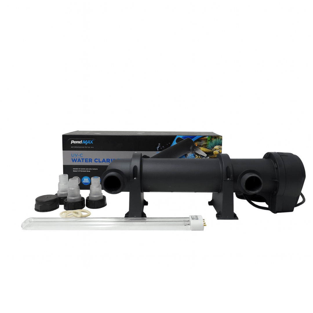 PondMAX UV-C water clarifier, large-size body, shown with its retail box, UV-C lamp, closure cap and stepped hose tails