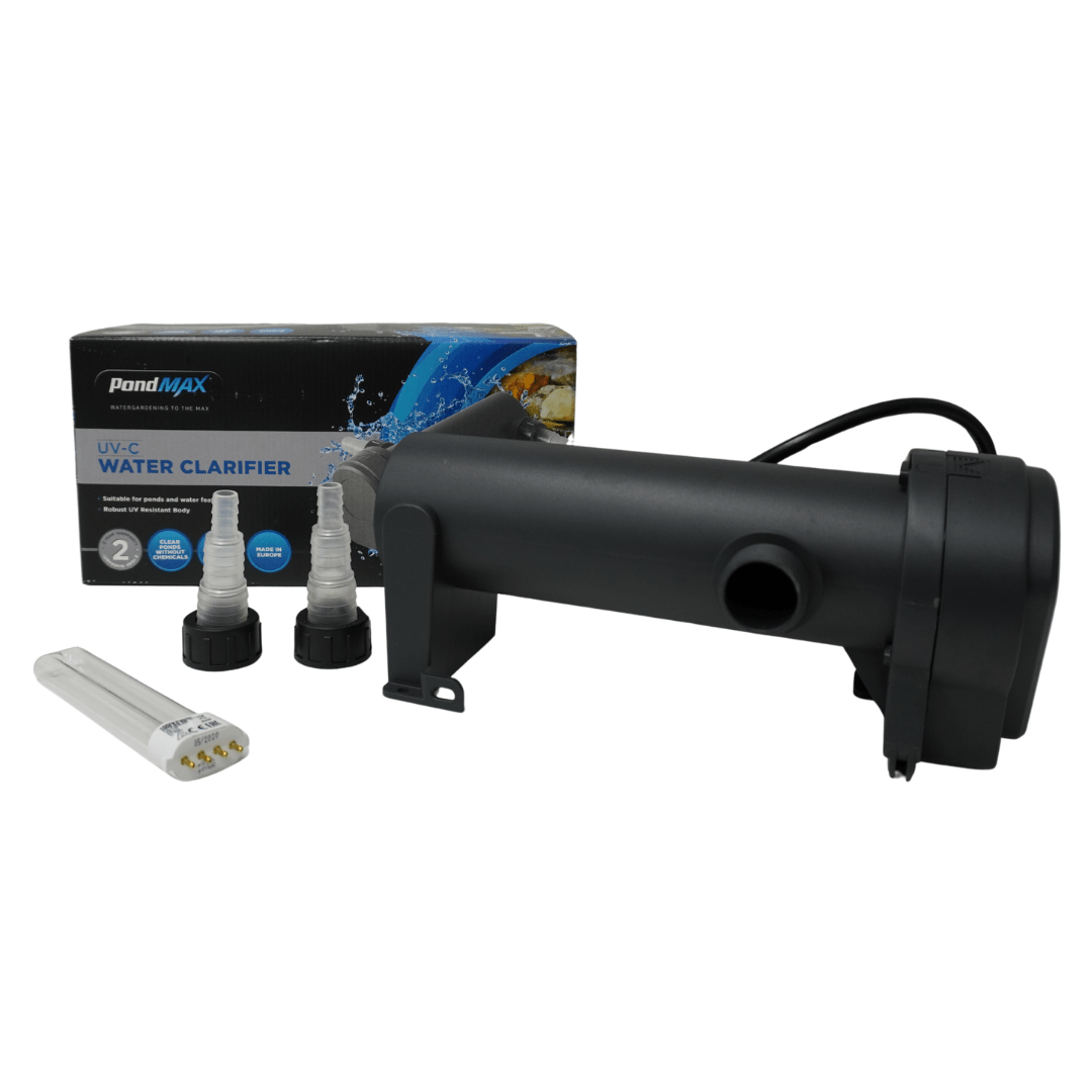 PondMAX UV-C water clarifier, small-size body, shown with its retail box, UV-C lamp and stepped hose tails