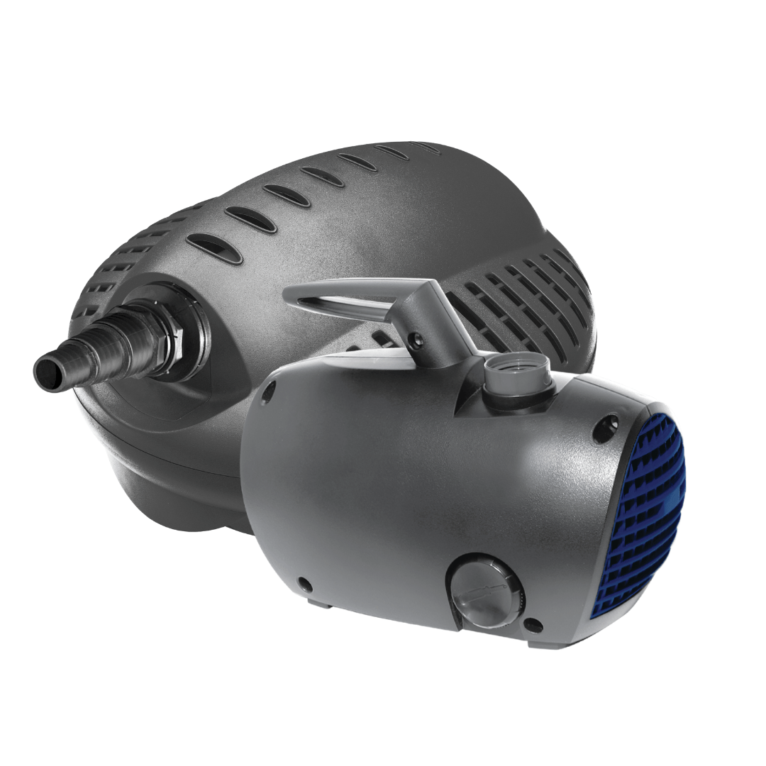 PondMAX Euro FP Series small-body and large-body pumps side by side, hose-tail adapter fitted to the outlet