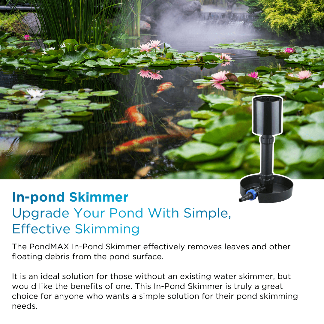 PondMAX PS300 in-pond skimmer shown in front of a koi pond with water lilies, with a short benefits summary