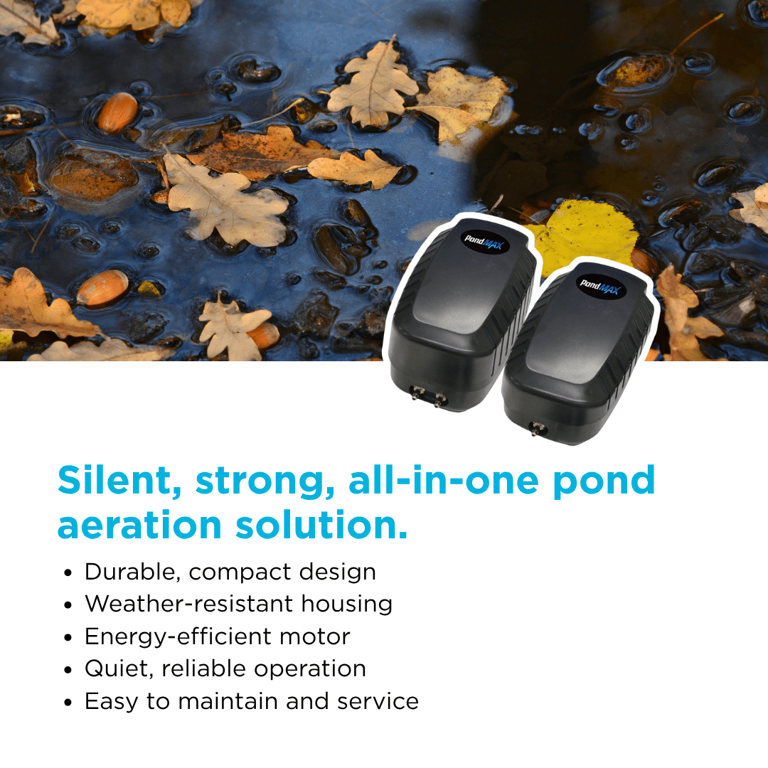 PondMAX PA7 and PA14 air pumps over an autumn pond surface with the PA-Series feature list