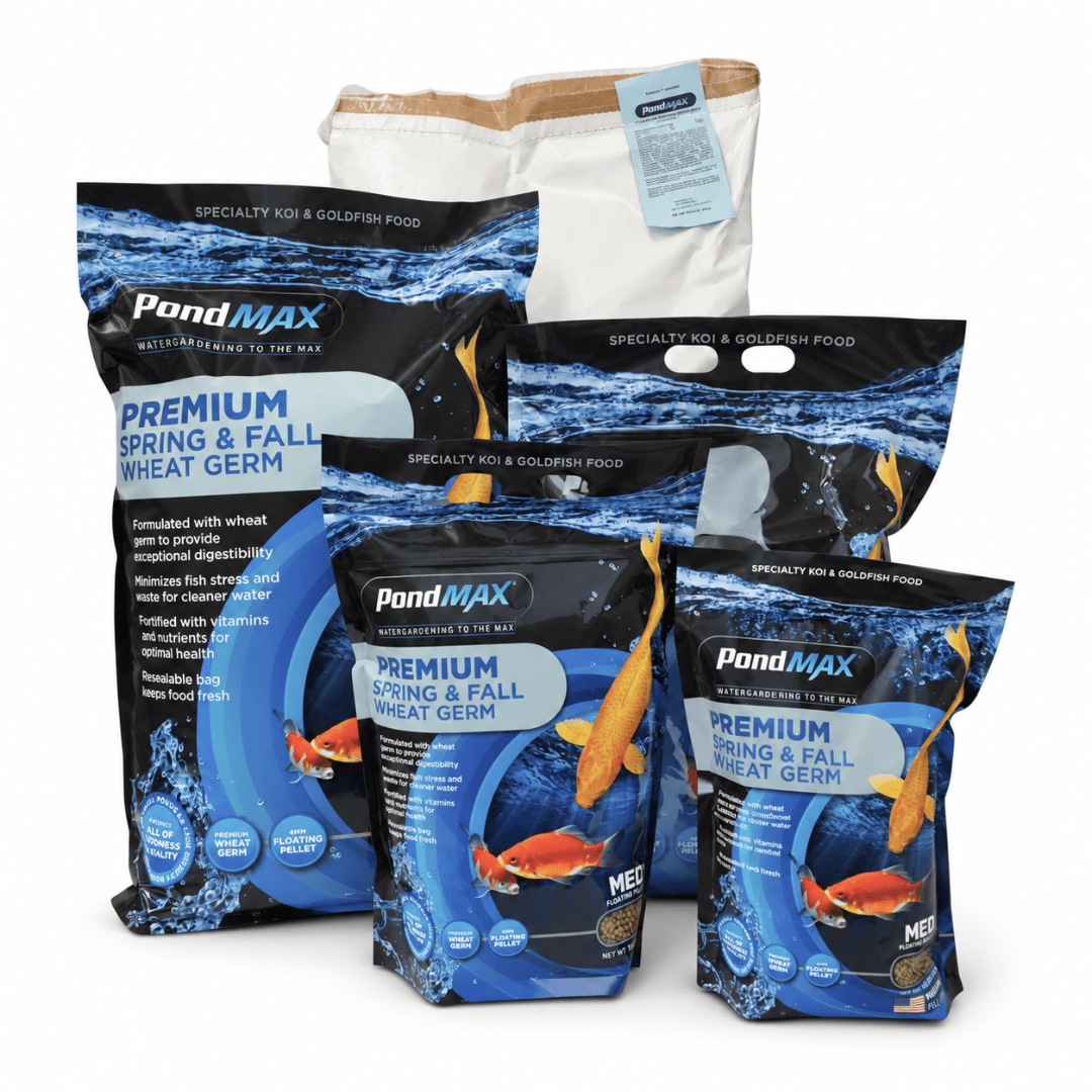 PondMAX Premium Spring & Fall Wheat Germ bag sizes on white, from the small pouches to the bulk sack