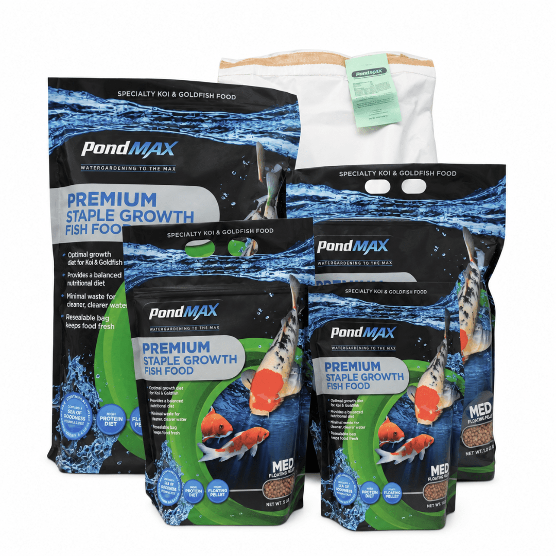 PondMAX Premium Staple Growth Fish Food bag sizes on white, from the small pouches to the bulk sack