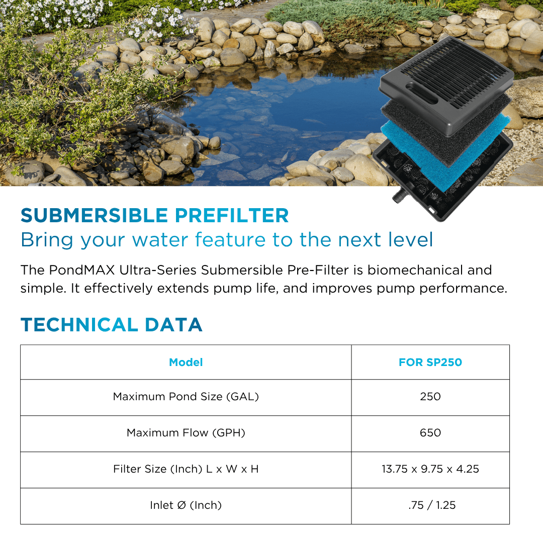 PondMAX SP250 submersible prefilter technical data: 250 gal max pond, 650 GPH max flow, 13.75 x 9.75 x 4.25 in, 0.75 and 1.25 in fitting sizes