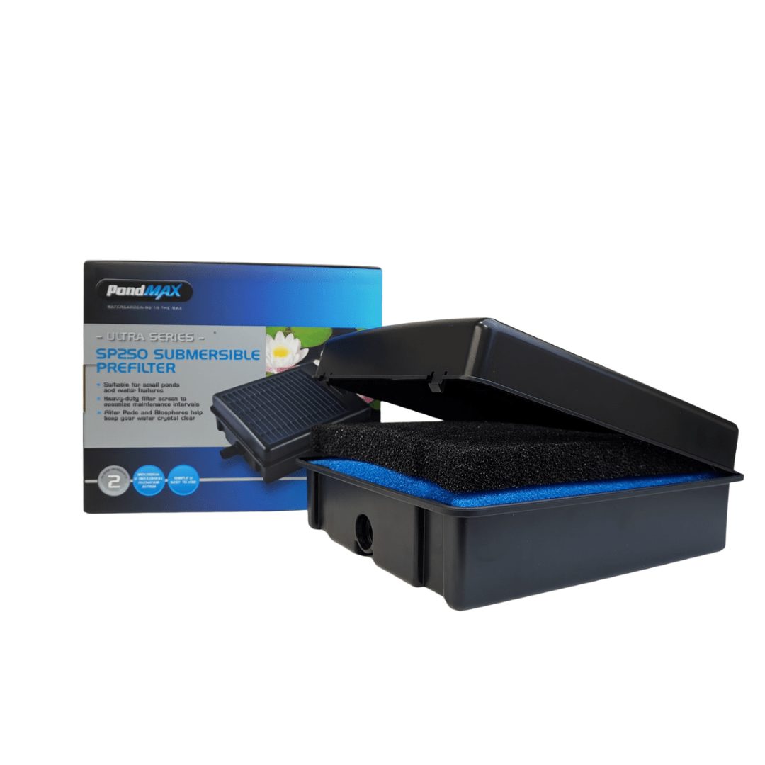 PondMAX SP250 submersible prefilter with its lid propped open, showing the black and blue foam pads, next to its Ultra Series retail box
