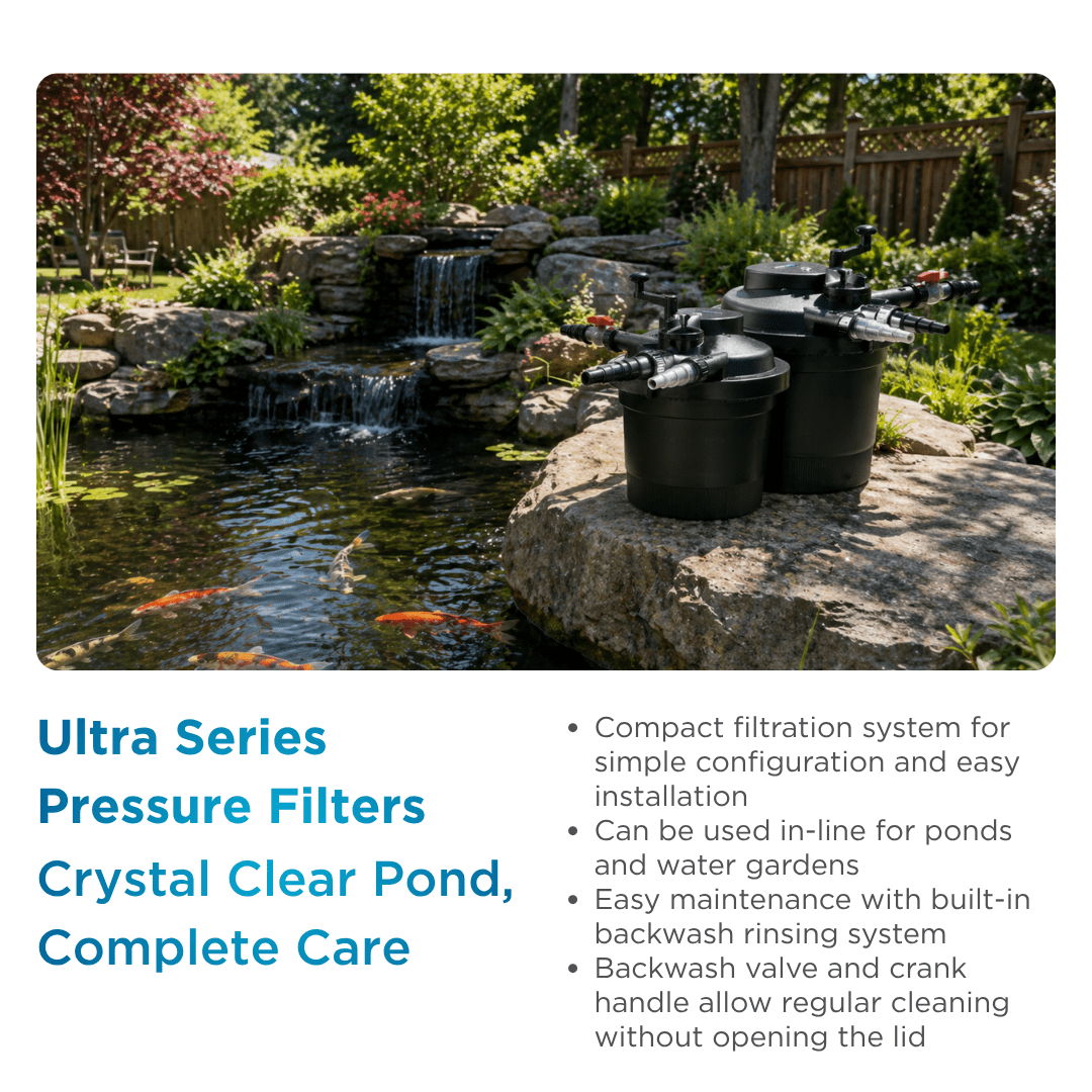 PondMAX Ultra Series pressure filters on a rock beside a koi pond and waterfall, with a feature list: compact design, in-line use, backwash rinsing system, crank handle