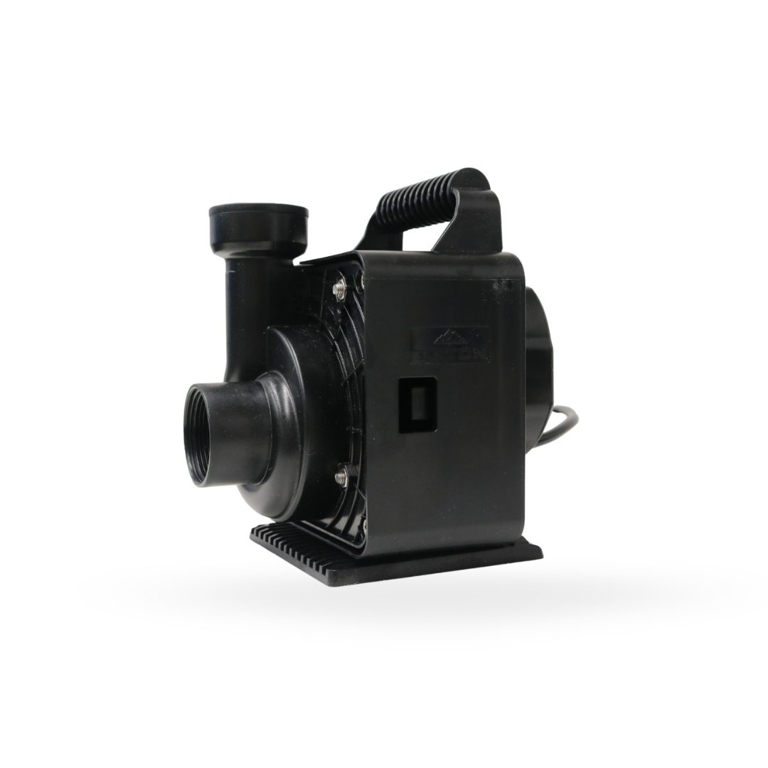 Teton XC3100 pump, three-quarter view from the outlet side with the carry handle on top
