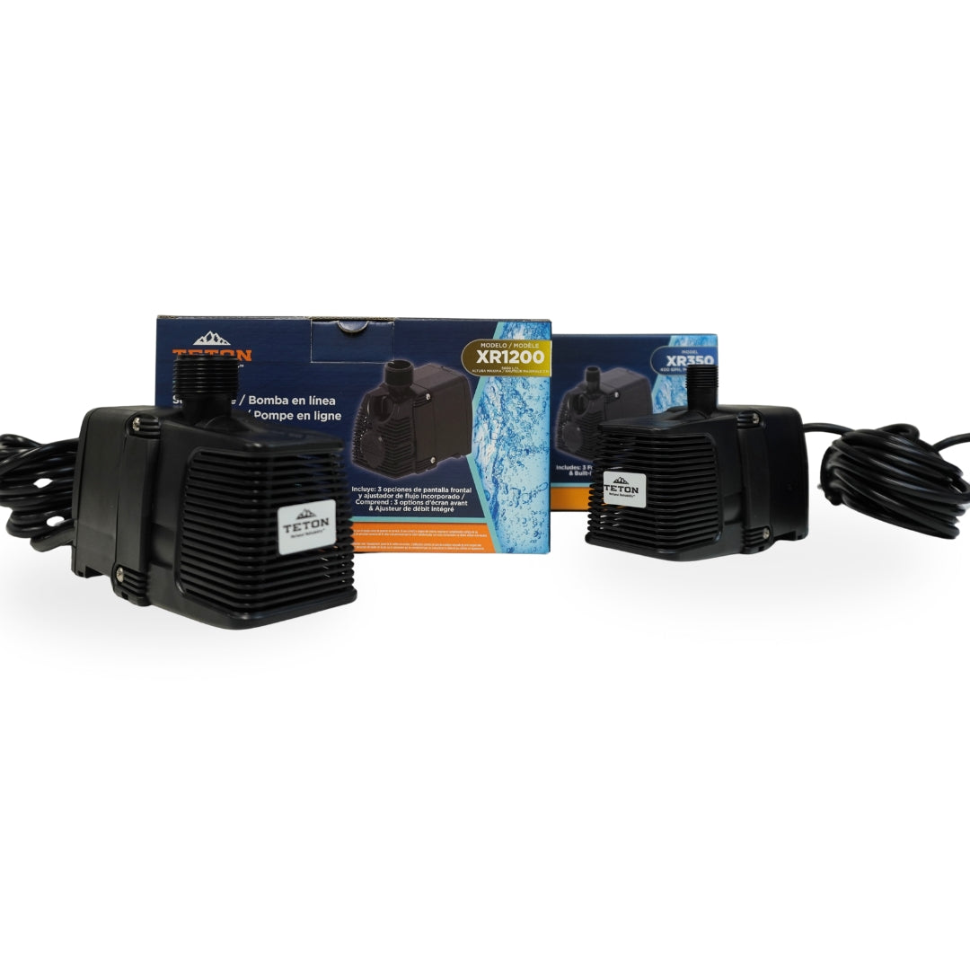 Two black pumps with a Teton brand ed  pumps XR350 and XR1200 box on a white background intended to show size comparison