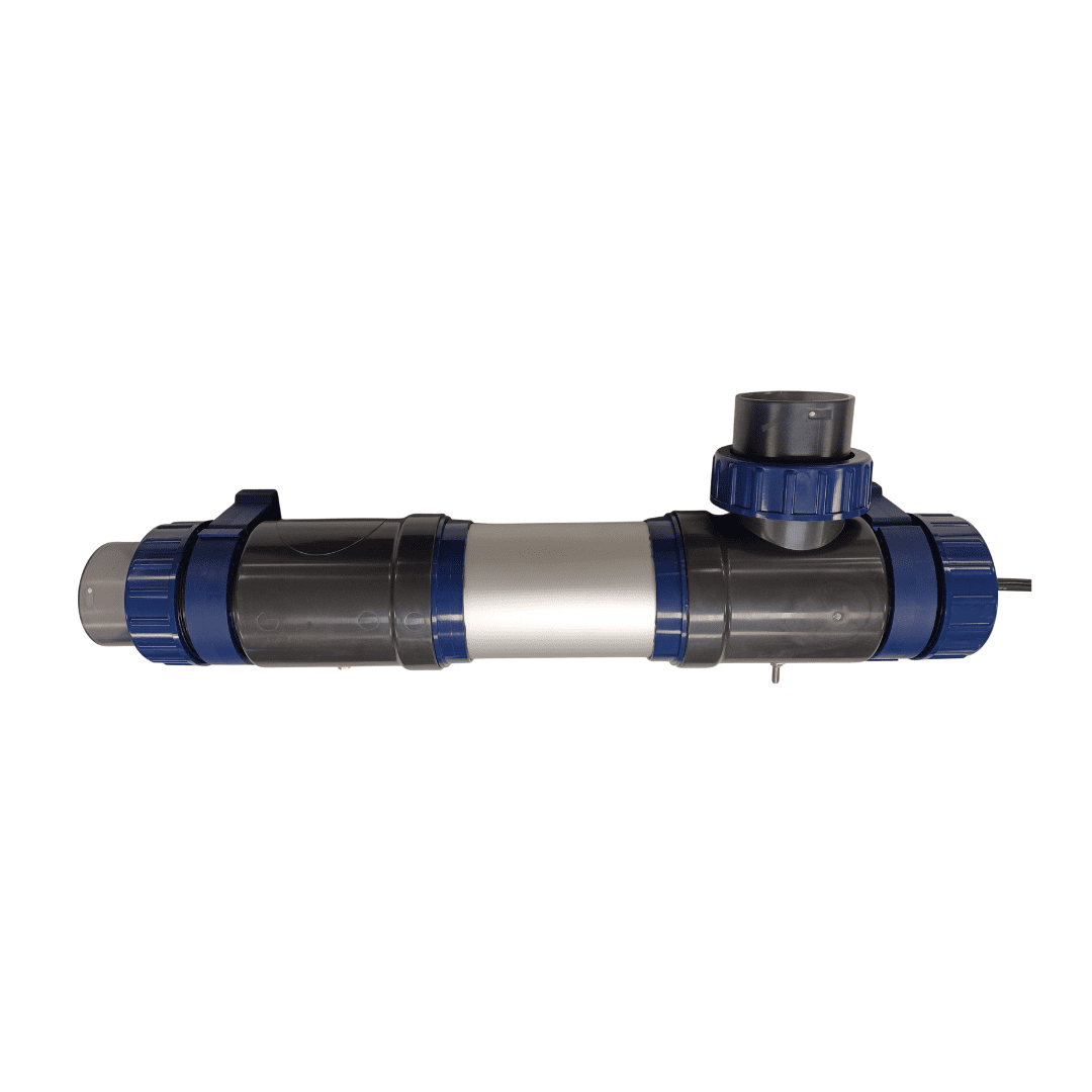 Teton XUV16A / XUV25S compact UV clarifier housing on its own, ballast not shown, with the 2-inch outlet union and mounting brackets